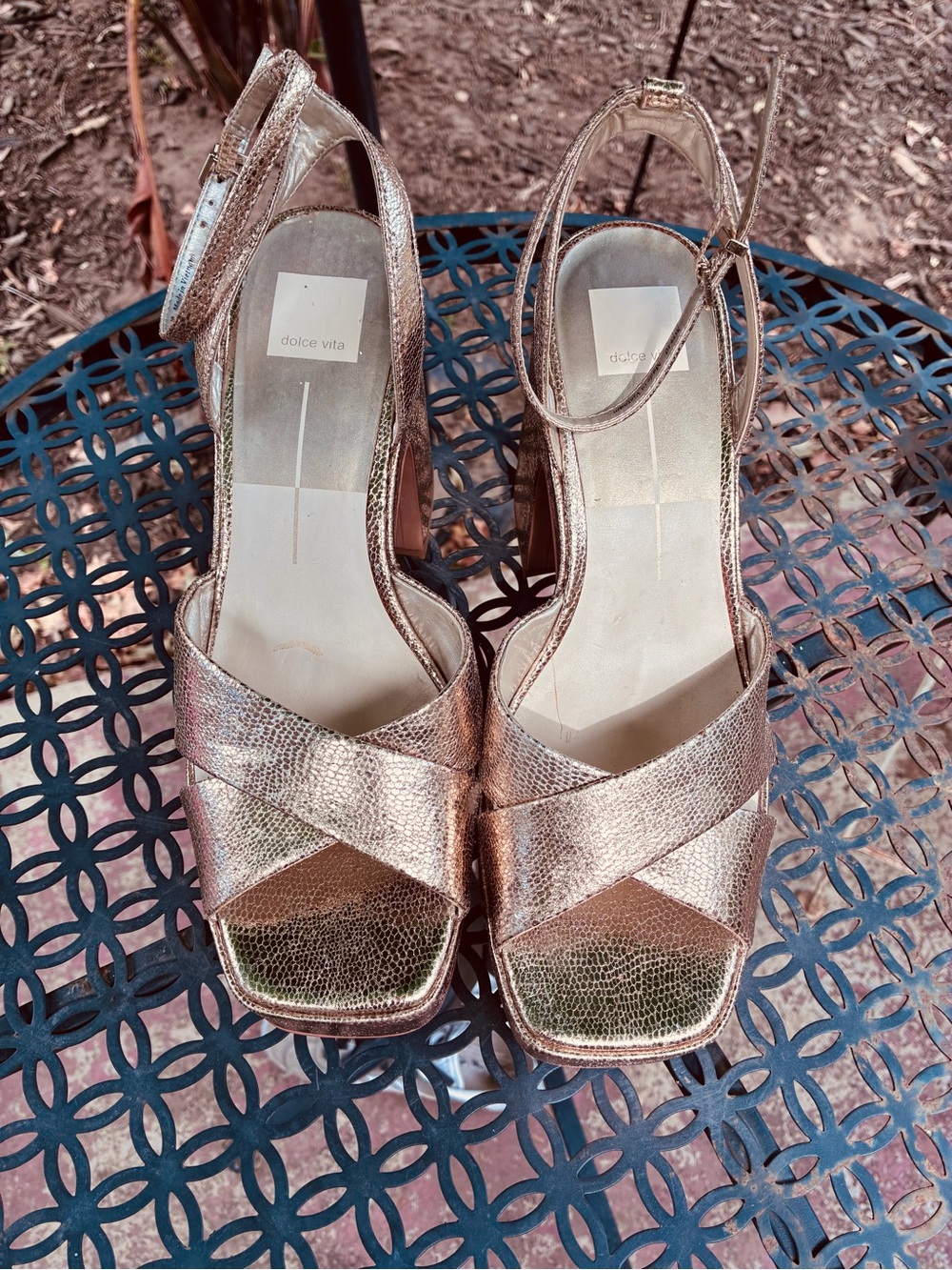 Dolce Vita Metallic Rose Gold Crisscross Ankle-Strap Heels